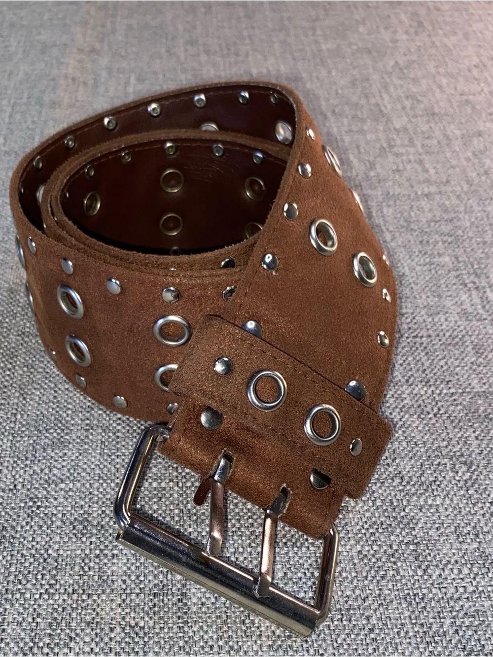 Carbon Leather Belt (Style 1128) Brown Med-Size Silvertone Metal Double Buckle